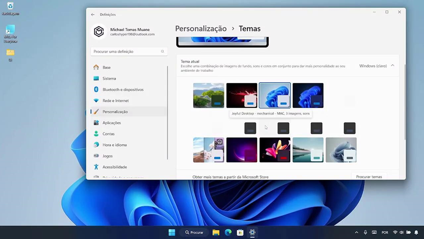 Janela de personalizar na aba temas no windows11