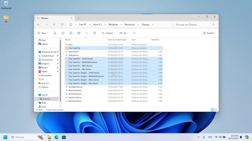 Adicionando novos temas na pasta temas do windows 11.